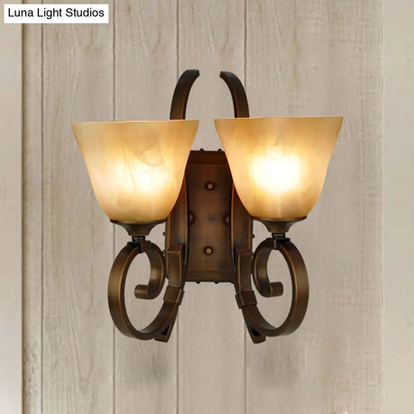 Minimalist Tapered Sconce Lighting: 2-Light Wall Lamp Fixture In Bronze With Crackled Glass &