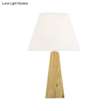 Minimalist Taupe/White Pagoda Table Lamp With Pyramidal Wood Pedestal
