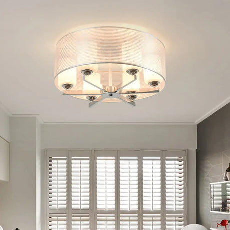 Minimalist White Glass Semi Flush Mount Drum Lighting With Chrome Finish - 6 Lights Tube Shade