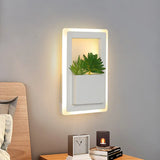 Minimalist White Led Wall Sconce With Acrylic Rectangle Design And Plant Decoration For Bedroom -
