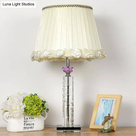 Minimalist White Table Lamp With Clear Crystal Base For Bedroom Night Lighting