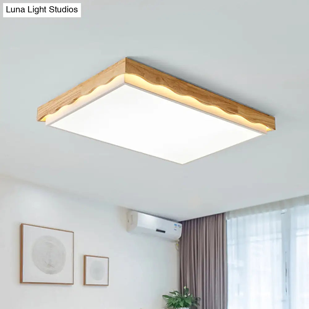 Minimalist Wood Beige Led Ceiling Light For Bedroom - Rectangular/Square Shapes In White/Warm With