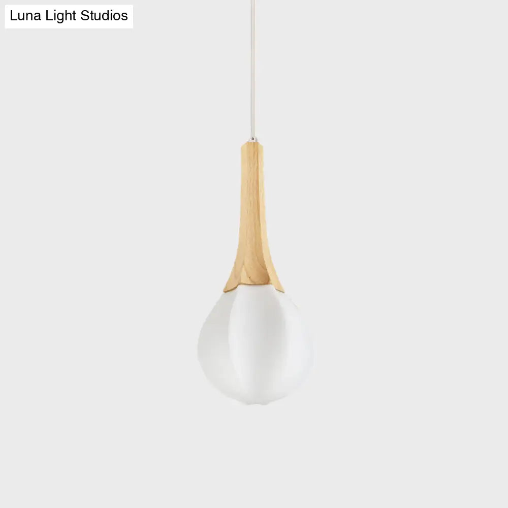 Minimalist Wood Ceiling Lamp With Milk White Glass Prismatic Teardrop Pendant And 1 Light Suspension