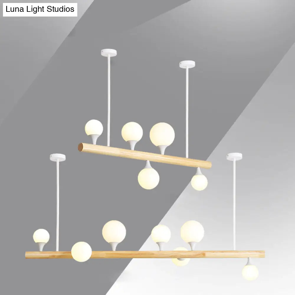 Minimalist Wood Island Pendant Light With Opal Glass Balls - Perfect For Restaurants