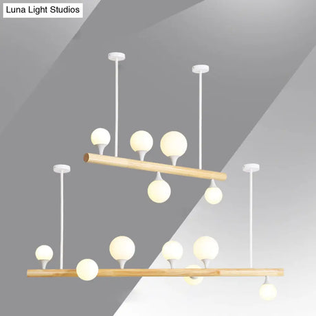 Minimalist Wood Island Pendant Light With Opal Glass Balls - Perfect For Restaurants