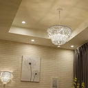 Minimalist Wood Layered Chandelier Lamp With 4 White Pendant Lights And Global Drop