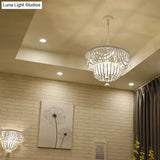 Minimalist Wood Layered Chandelier Lamp With 4 White Pendant Lights And Global Drop
