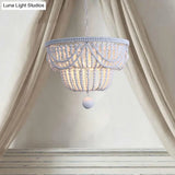 Minimalist Wood Layered Chandelier Lamp With 4 White Pendant Lights And Global Drop