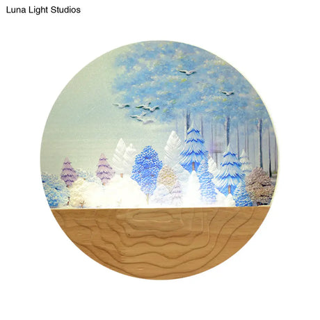 Minimalist Wood-Mounted Led Wall Mural Lamp With Acrylic Circular Shape Tree/Elk Pattern
