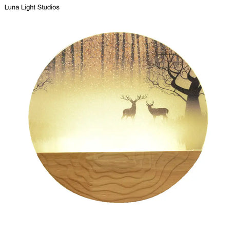 Minimalist Wood-Mounted Led Wall Mural Lamp With Acrylic Circular Shape Tree/Elk Pattern