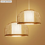 Minimalist Wood Pendant Light With Bamboo Shade - Restaurant Hanging Lighting