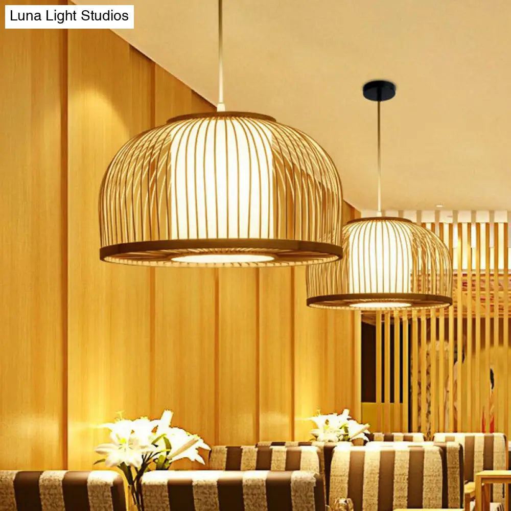 Minimalist Wood Pendant Light With Bamboo Shade - Restaurant Hanging Lighting