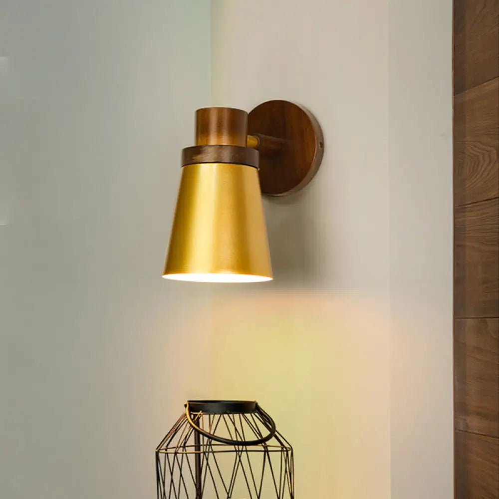 Minimalist Wooden Cone Sconce - 1 Head Gold Wall Lighting Fixture For Living Room