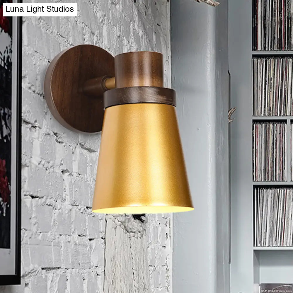 Minimalist Wooden Cone Sconce - 1 Head Gold Wall Lighting Fixture For Living Room