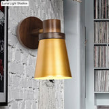 Minimalist Wooden Cone Sconce - 1 Head Gold Wall Lighting Fixture For Living Room