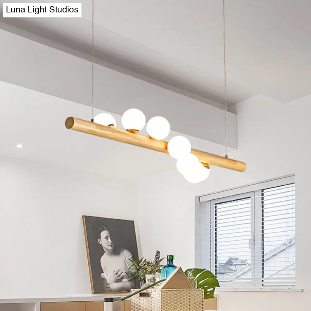 Minimalist Wooden Island Pendant With Glass Sphere For Living Room Ceiling Lighting