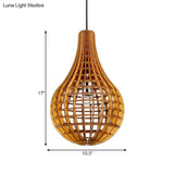 Minimalist Wooden Raindrop Pendant Lighting - 1-Light Brown Suspension Light With Grid Design