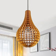 Minimalist Wooden Raindrop Pendant Lighting - 1-Light Brown Suspension Light With Grid Design