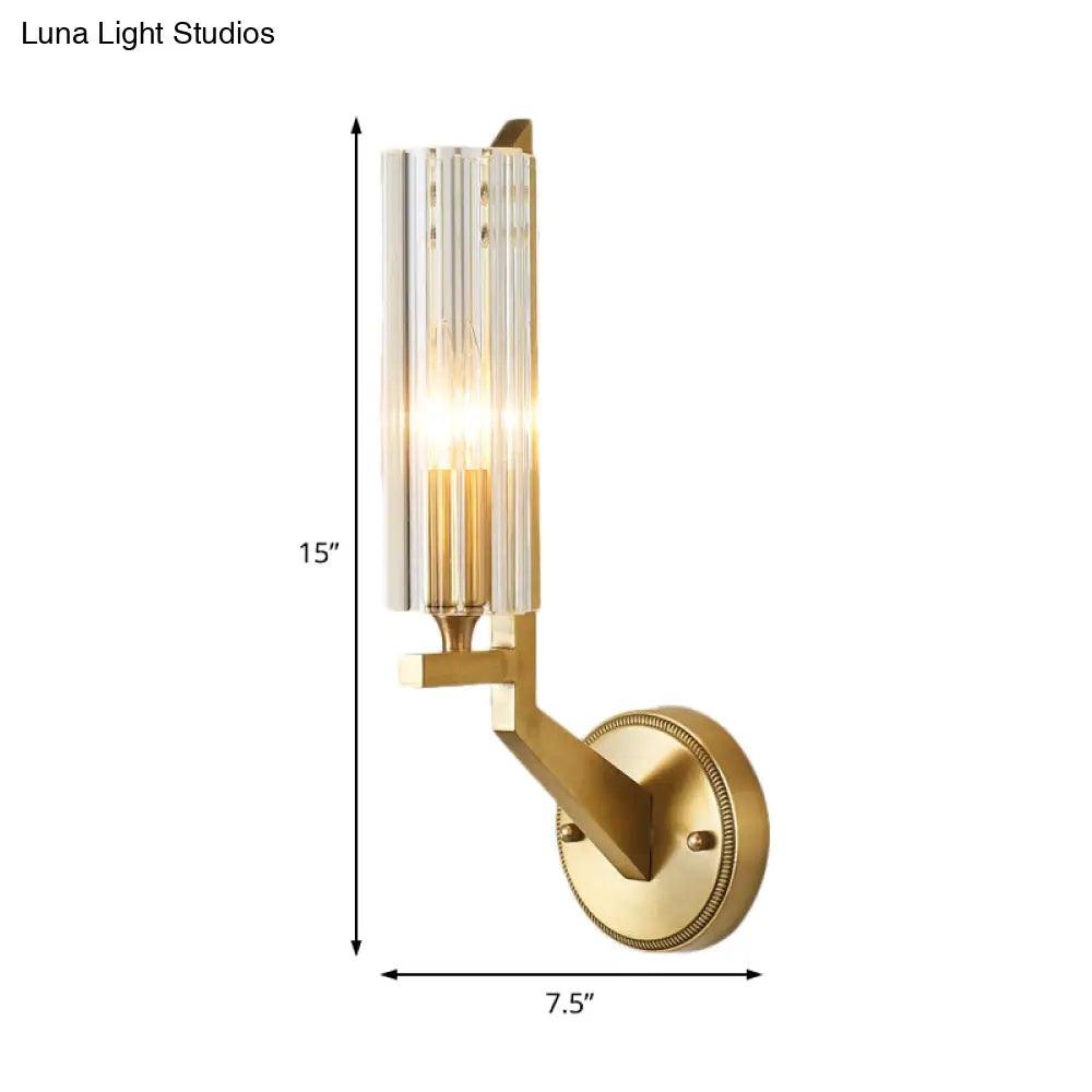 Minimalistic 1-Light Brass Flush Wall Sconce For Bedside - Crystal Tube/Cup/Flat Mounted Lamp