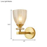 Minimalistic 1-Light Brass Flush Wall Sconce For Bedside - Crystal Tube/Cup/Flat Mounted Lamp