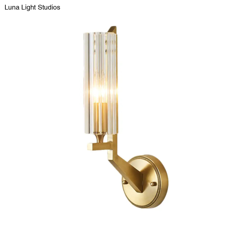 Minimalistic 1-Light Brass Flush Wall Sconce For Bedside - Crystal Tube/Cup/Flat Mounted Lamp