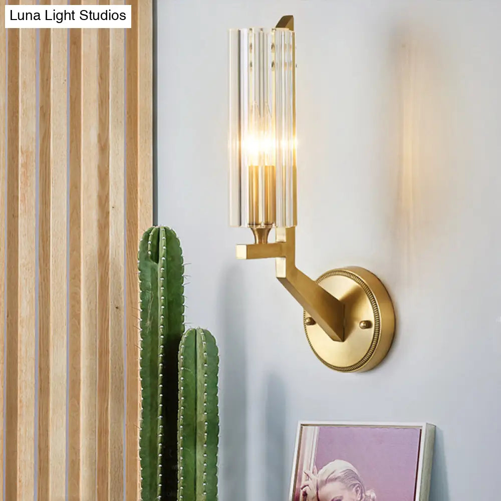 Minimalistic 1-Light Brass Flush Wall Sconce For Bedside - Crystal Tube/Cup/Flat Mounted Lamp