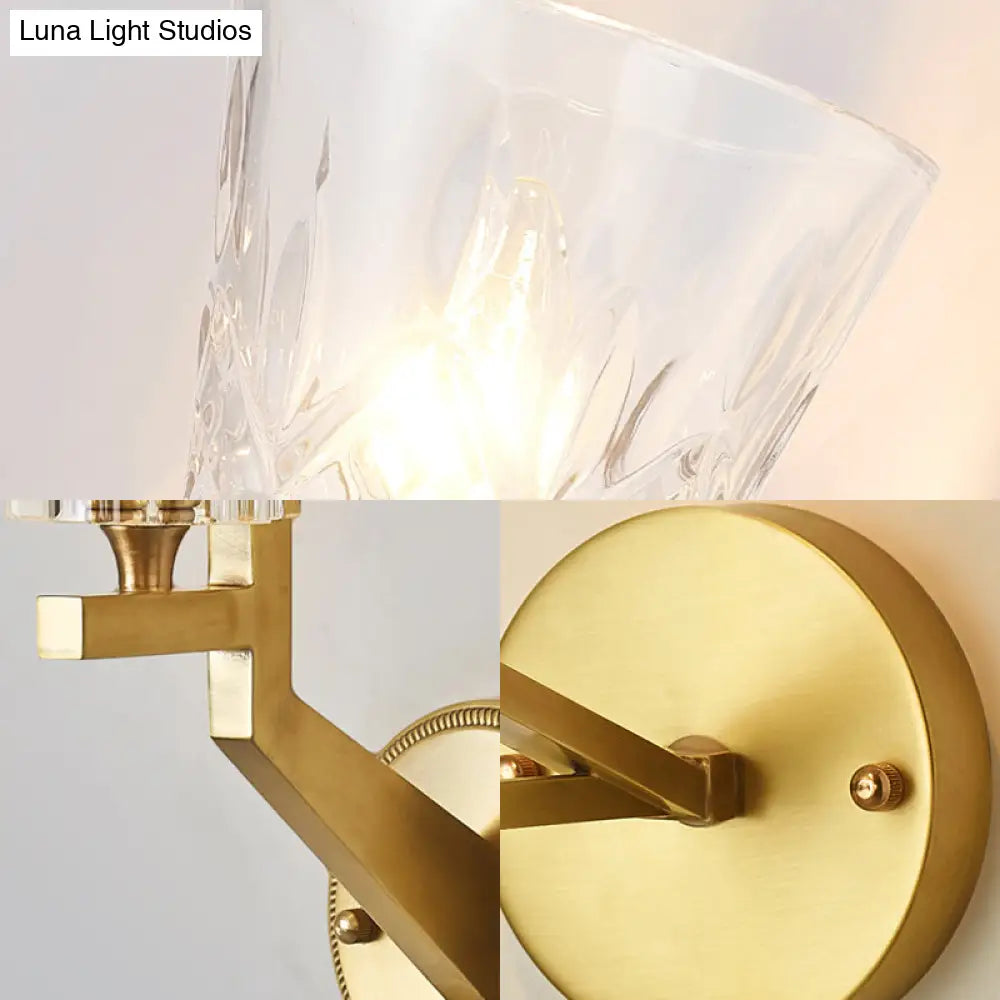 Minimalistic 1-Light Brass Flush Wall Sconce For Bedside - Crystal Tube/Cup/Flat Mounted Lamp