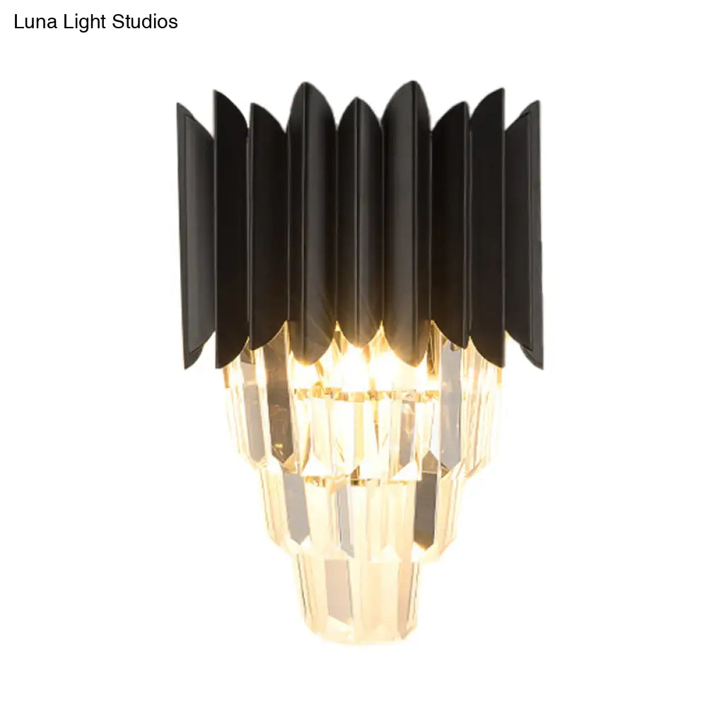 Minimalistic 2-Head Wall Lighting For Bedroom With Crystal Tiered Shade In Black