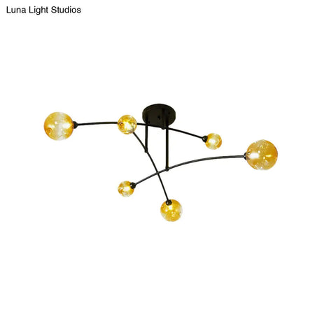 Minimalistic Amber Glass Modo Semi-Flush Ceiling Lamp With 6 Black Arced Heads