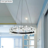 Minimalistic Black Crystal Flower Led Chandelier Lighting - Living Room Hoop Hanging Light Kit