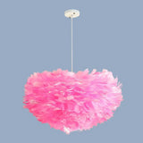 Minimalistic Feather Chandelier Light For Girls Bedroom Ceiling - Hemisphere Shaped Fixture Pink /