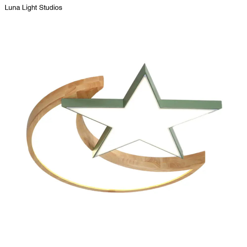 Minimalistic Led Bedroom Flush Light Fixture In Grey/Pink/Green With Moon And Star Acrylic Shade