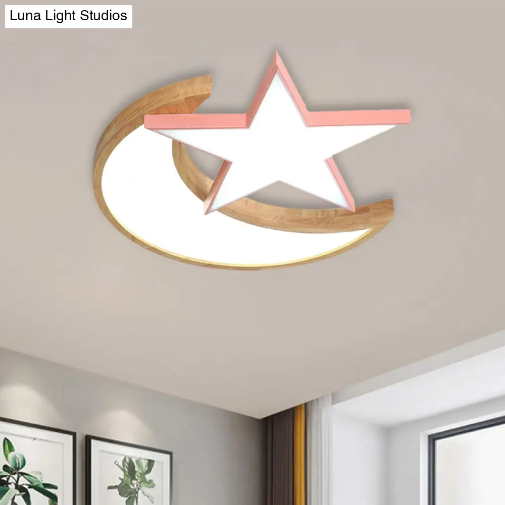 Minimalistic Led Bedroom Flush Light Fixture In Grey/Pink/Green With Moon And Star Acrylic Shade