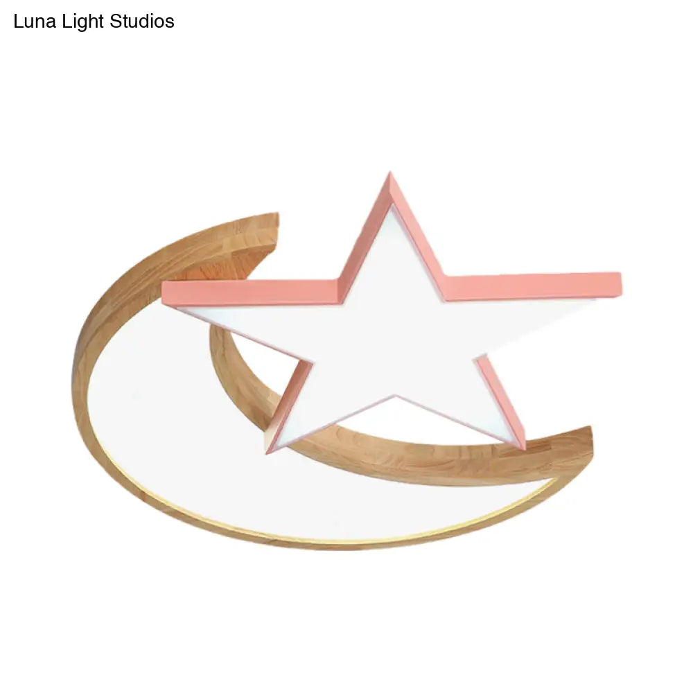 Minimalistic Led Bedroom Flush Light Fixture In Grey/Pink/Green With Moon And Star Acrylic Shade