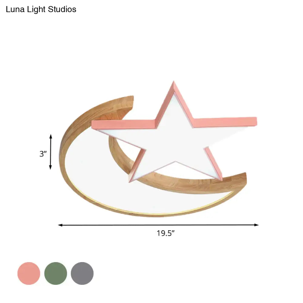 Minimalistic Led Bedroom Flush Light Fixture In Grey/Pink/Green With Moon And Star Acrylic Shade