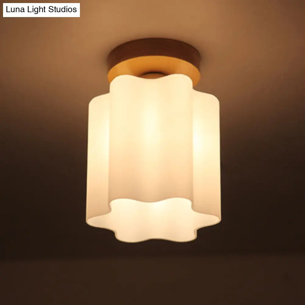 Minimalistic Milky Glass Prism Floral Ceiling Flush Light With Wood Flushmount Design - Ideal For