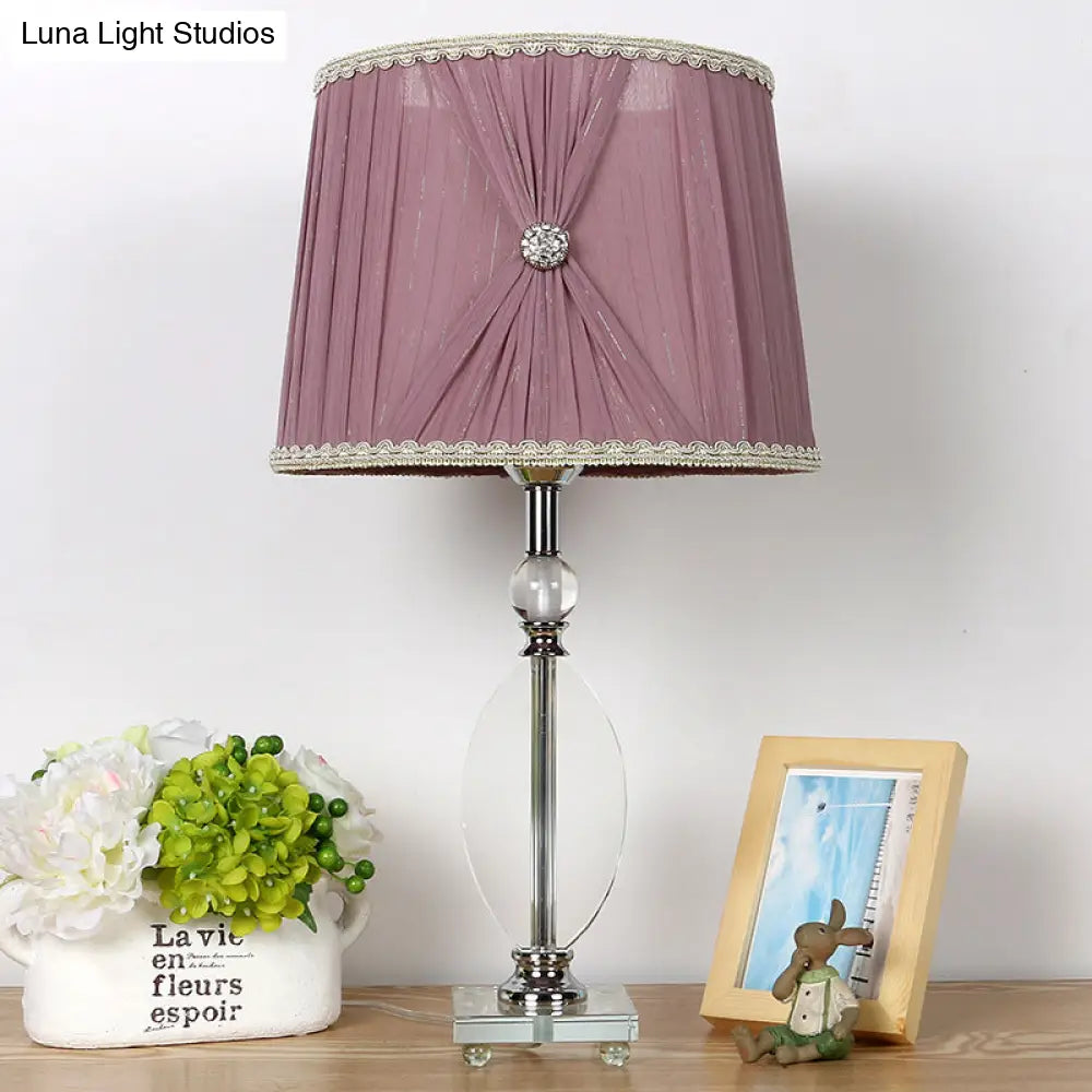 Minimalistic Purple K9 Crystal Barrel Night Light Table Lamp With Faux-Braided Detailing