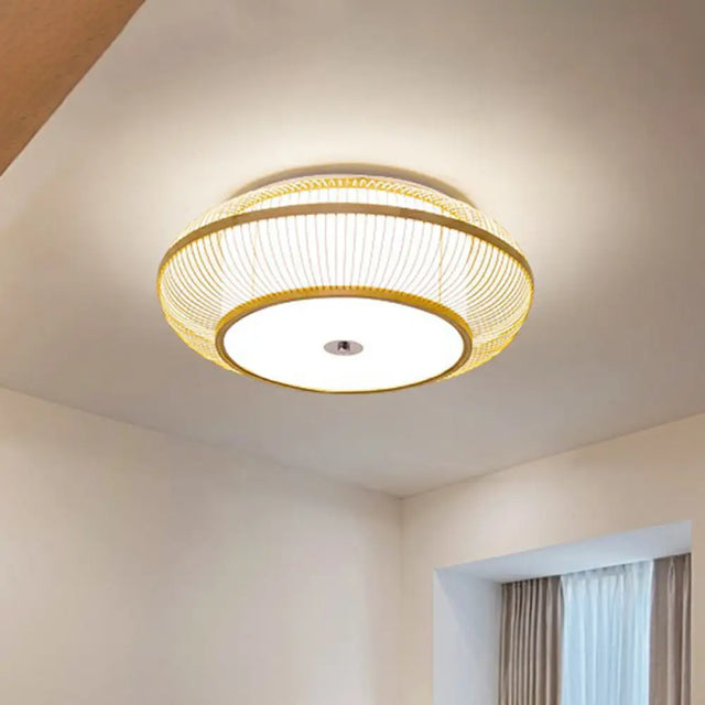 Minimalistic Round Bamboo Flushmount Ceiling Light - Single - Head Aisle Fixture With Natural Wood
