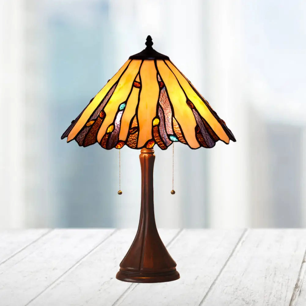 Mission Glass Night Stand Lamp With Pull Chain - Coffee Cone Shade Table Light 2 Heads