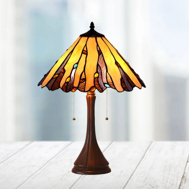 Mission Glass Night Stand Lamp With Pull Chain - Coffee Cone Shade Table Light 2 Heads