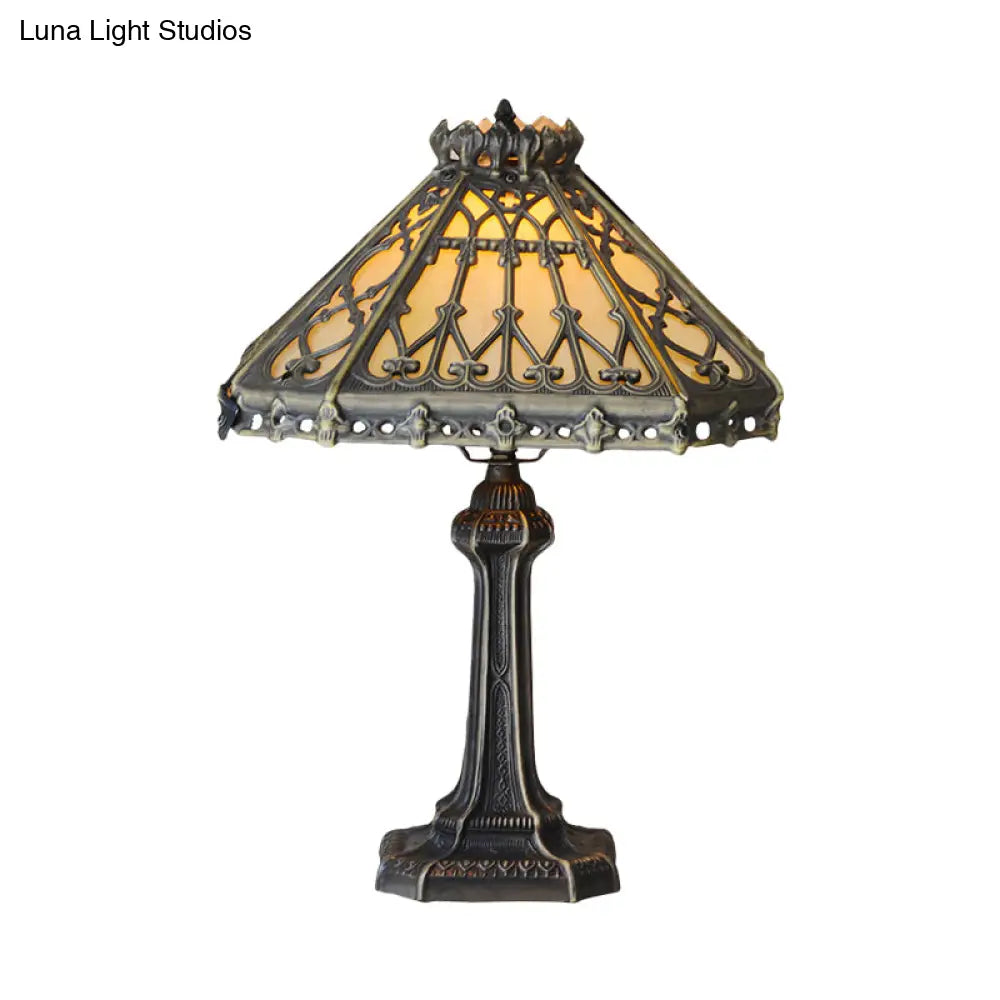 Mission Style Bronze Pyramid Nightstand Light With Green/Beige Glass - Ideal For Living Room