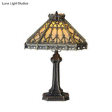 Mission Style Bronze Pyramid Nightstand Light With Green/Beige Glass - Ideal For Living Room