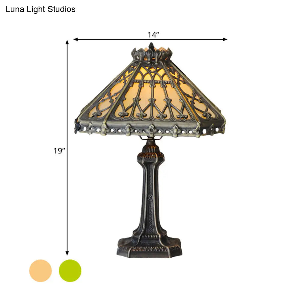Mission Style Bronze Pyramid Nightstand Light With Green/Beige Glass - Ideal For Living Room