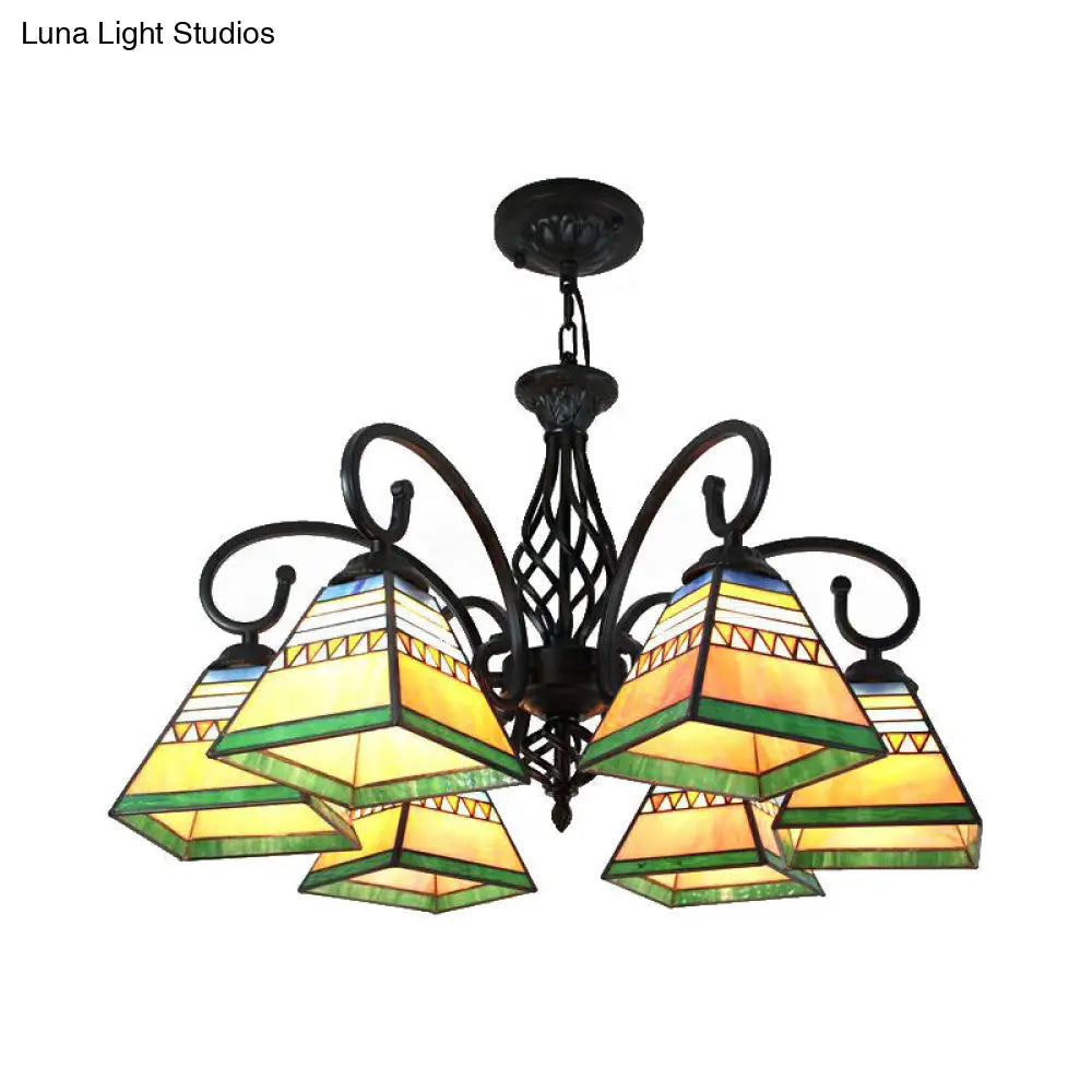 Mission Style Stained Glass Pyramid Pendant Light With 6 Lights For Living Room