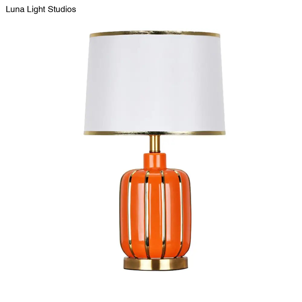 Modern 1- Bulb Nightstand Lamp: Beige/Gold Barrel Reading Light With Fabric Shade