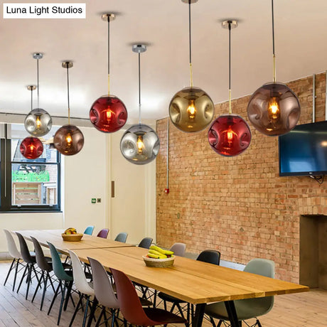 Modern 1 Bulb Pendant Light With Concave Glass Shade - Silver/Red Hanging Fixture For Restaurants