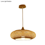 Modern 1-Bulb Wood Pendant Light Fixture With Bamboo Shade - Donut/Hat Hanging Design
