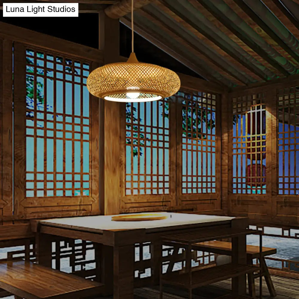 Modern 1-Bulb Wood Pendant Light Fixture With Bamboo Shade - Donut/Hat Hanging Design