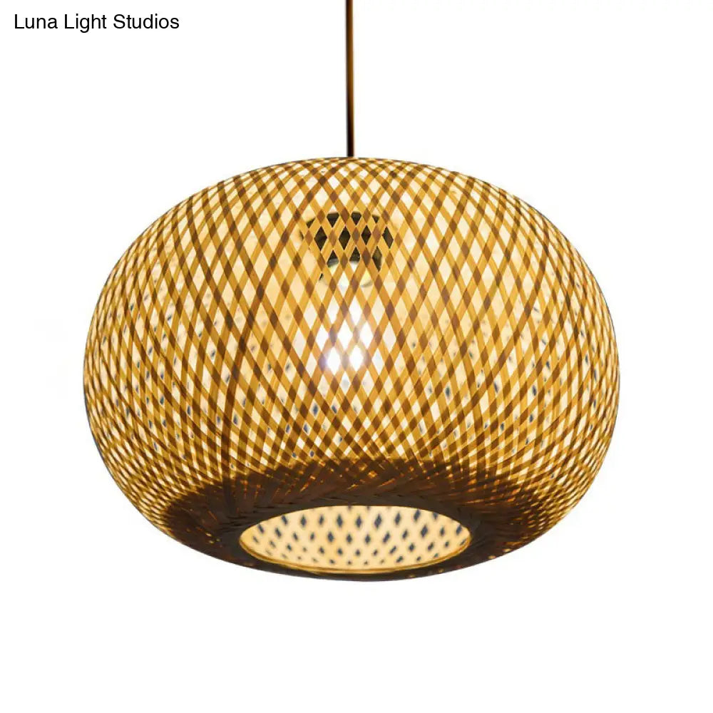 Modern 1-Bulb Wood Pendant Light Fixture With Bamboo Shade - Donut/Hat Hanging Design