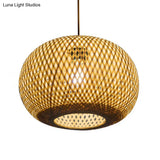 Modern 1-Bulb Wood Pendant Light Fixture With Bamboo Shade - Donut/Hat Hanging Design